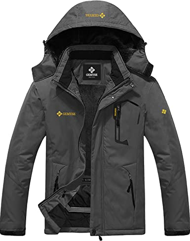 GEMYSE Homme Veste de Ski Imperméable de Montagne Manteau d'hiver Extérieur en Polaire Coupe-Vent avec Capuche(Gris Fer,S)