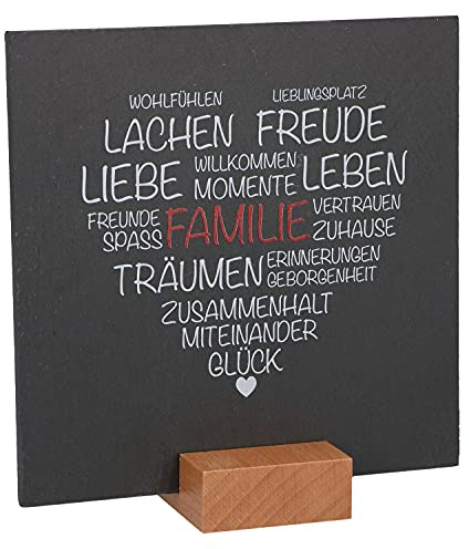 Schiefertafel Schieferplatte mit Holzsockel - Familie Deko Aufsteller | Edles Schieferschild fuer Ihr Zuhause und Leben - Dekoschild aus Naturschiefer - 12 cm x 12 cm Tischdeko mit Holzfuss
