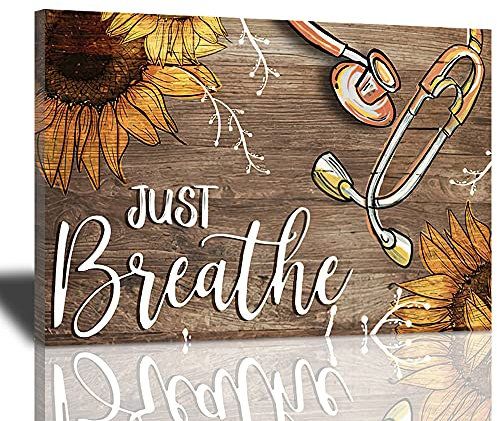 Just Breathe Kunstdruck auf Leinwand, Motiv Sonnenblume und medizinisches Stethoskop, inspirierende Bilder, motivierende Zitate, gerahmt, Wanddekoration für Büro, fertig zum Aufhängen, 30.5 x 40.6 cm