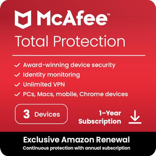 McAfee Total Protection 3-Device 2025 |12-Months|Antivirus, Secure VPN |Includes Security Software, Password Manager, Identity Monitoring | Download |Amazon Subscriptions |PC/Mac/iOS/Android