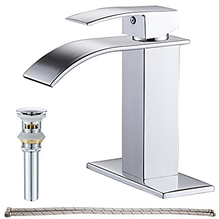 GENBONS Wasserfall-Auslauf, Badezimmer-Wasserhahn, Einhebel-Badezimmer-Waschtisch-Wasserhahn, Wohnmobil-Waschtisch-Wasserhahn, Waschtischarmatur mit Metall-Pop-Up-Ablauf, massives Messing, Chrom