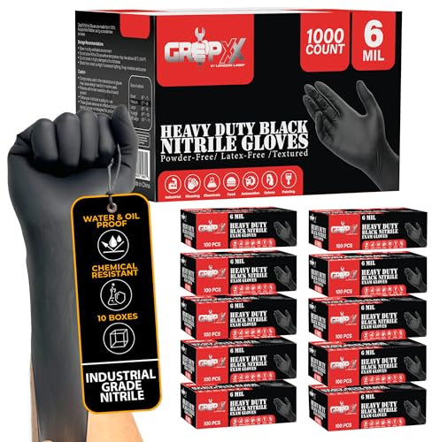 London Labs Heavy Duty Black Nitrile Gloves 6Mil Disposable Industrial Powder & Latex Free (X-Large, 1000 Count)