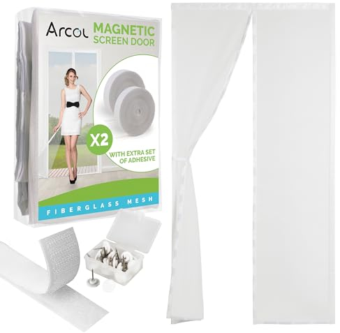 ARCOL Moustiquaire Porte Magnétique 90x250 cm en Fibre de Verre – Stop Moustiques en 3 min, Maille Ultra-Fine, Fermeture Auto Aimants & Lest, Bande Auto-Agrippante Large (Blanc)