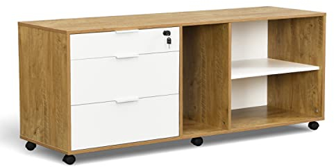 B&D home Rollcontainer MIKA | Aktenschrank mit Schubladen und Regalen abschließbar Schreibtischcontainer | Landhaus skandinavisch Design | Wildeiche-Weiß, 150 cm breit, 12201-150-WEIS