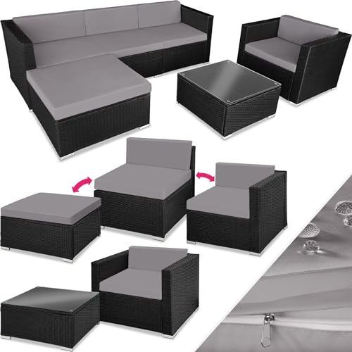 TecTake® Conjunto Jardín de Ratán, Muebles Jardín Exterior 4 Sillones, 1 Mesa con Cristal, 1 Sillón Puf, Conjunto Terraza Resistente a la Intemperie, Cojines, Modular, Estructura en Acero - Negro/Gris