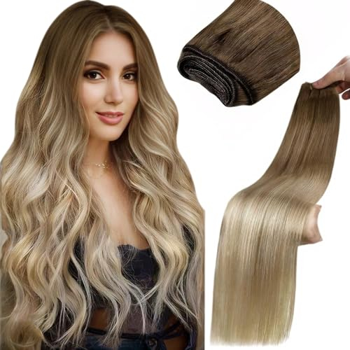 LaaVoo Extensions Tressen Echthaar Ombre Braun Haartressen Echthaar Zum Einnähen Balayage Braun Blond Remy Sew in Weft Hair Extensions Echthaar Glatt 100g 50cm #8/18/60