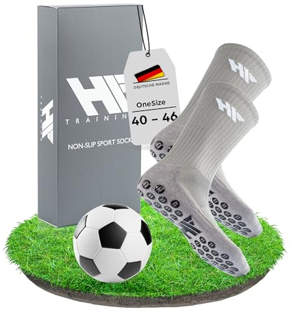 HF Training - 1 Paar Rutschfeste Fußball Socken in Grau mit schwarzen Noppen (Unisex) - Fussball-Socken mit Grip - Antirutsch Soccer & Running Socks - Tennis-Socken für Handball, Basketball & Laufen