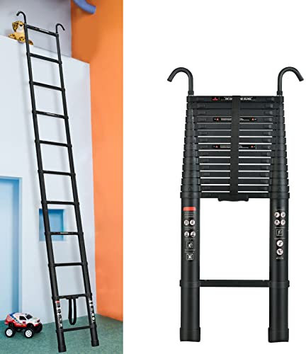 Escalera telescópica extensible de 3,8 m con 2 ganchos, robusta de aluminio, escalera multiusos con 13 peldaños, capacidad de carga de 150 kg, EN131, color negro