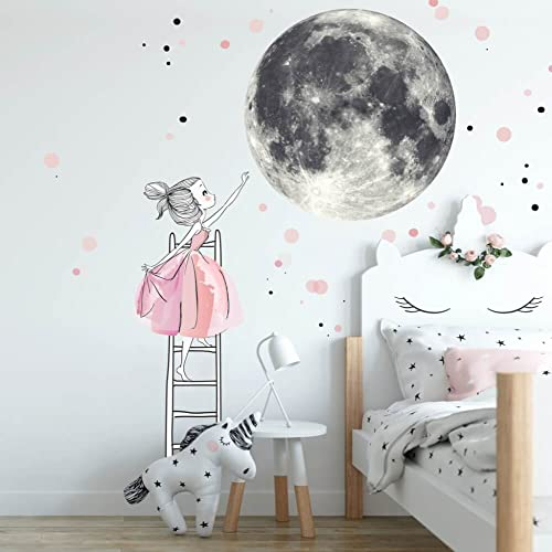 INSPIO Wandtattoo Mond und Mädchen auf Leiter Wandaufkleber Prinzessin Wandsticker rosa Fee Kinderzimmer pink Deko Mädchenzimmer