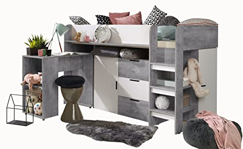 MEBLE KRYSPOL KONKRET 1 Hochbett für Kinder, Jugendliche mit Stauraum - Etagenbett mit Schreibtisch, Schrank, Regal, Schubladen, Treppe - 203,3x106,6x125 cm - Beton, Weiß mat, Schwarz