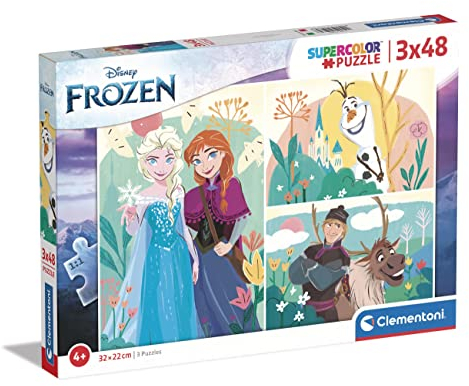 Clementoni - 25284 - Supercolor Puzzle - Disney Frozen - 3 Puzzle mit 48 Teile Ab 5 Jahren, Buntes Kinderpuzzle Mit Besonderer Leuchtkraft & Farbintensität, Geschicklichkeitsspiel Für Kinder