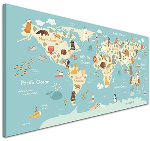 Wallfillers Animal Map of World Atlas Canvas Art for Childrens Bedroom - Educational Kids Pictures - Nursery Playroom - 1293 XS - 82x34cm