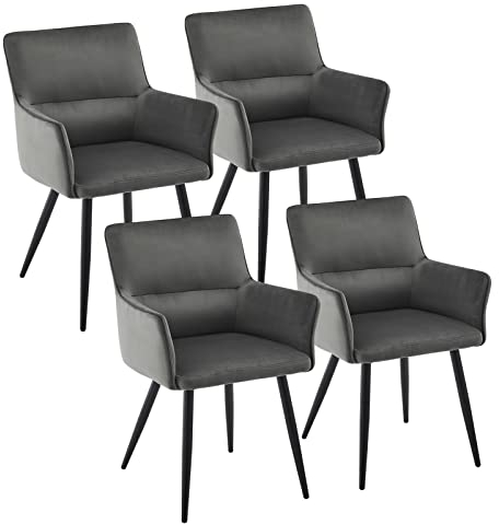 CLIPOP Esszimmerstuhl 4er Set Samt Küchenstuhl Polsterstuhl mit Armlehne und Metall Beine, Retro Design Armlehnstuhl Sessel für Wohnzimmer Esszimmer (4er, Samt Grau)