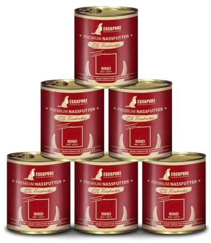 Escapure Adult Nassfutter Rind 6 x 400g Dose - 82% pures Beef Fleisch Hundefutter - Dosenfutter Rinder-Gulasch ohne Zusatzstoffe - Ergänzungsfuttermittel für ausgewachsene Hunde frei von Getreide