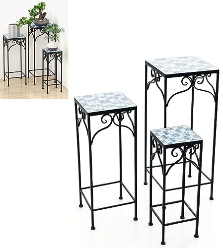 TANGZON 3PCS Mosaic Plant Stand, Metal Frame Square Flower Pots Holder with Ceramic Tile Top & Non-slip Foot Pads, Outdoor Indoor Plant Shelf Flower Display Rack for Home Garden Balcony Patio (Blue)