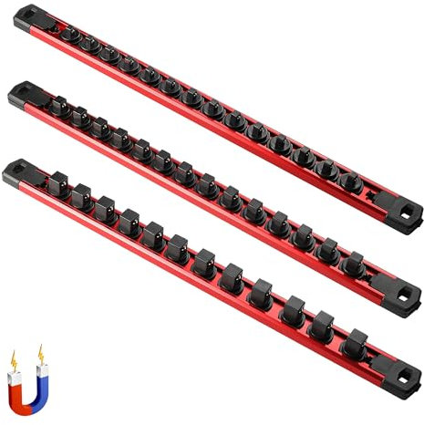 ALOANES 3-Piece Magnetic Socket Organizer, Heavy Duty Aluminum Socket Rails Organizer, Socket Holder Kit for Tool Box Drawer, 1/2, 1/4, 3/8-Inch Socket Holder x 40 Clips (Red)