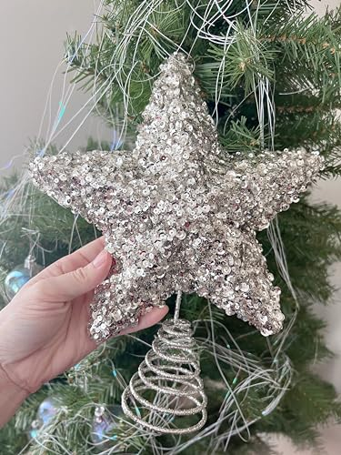 PEPPERLONELY Weihnachtsbaumspitze mit Glitzer- und Pailletten, klein, 22,9 cm B x 25,4 cm H, Champagner