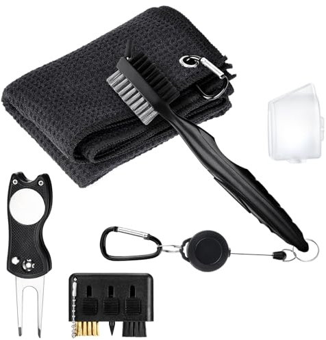 Vyuwast 5 Pack Golf Club Cleaner Brush, Golf Accessories for Men - Towel, Pitch Mark Repair Tool Kit Set, Divot Tool, Ball Marker, Carabiner (Black)