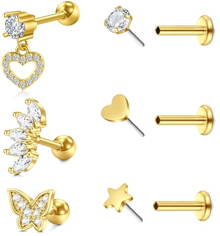 NIUSIMAN Helix Piercings Gold,6 Stück Tragus Piercing Ohr 16G Helix Piercings Chirurgenstahl Mit Ohrpiercing Herz Schmetterling Ohrpiercing Schmuck CZ Lippen Ohrlochstecher Damen Männer