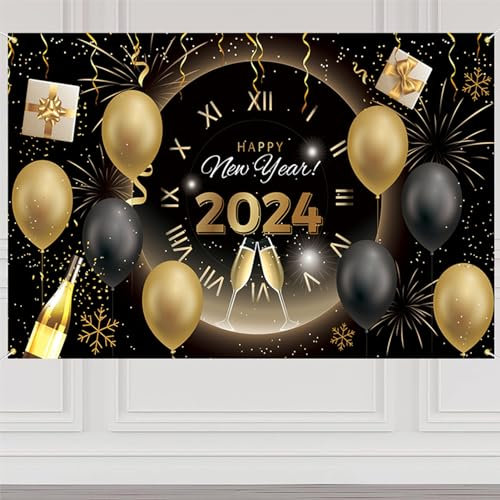 Happy New Year Party Banner Happy New Year Banner Hintergrund Dekorationen Happy New Year Dekorationen 2024 Schwarz und Gold Happy New Year Hintergrund für Familientreffen, Party