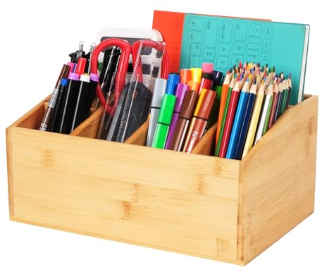 MUUKAIII Organiseur de Bureau en Bambou - 6 Compartiments, Boîte à Stylos, Plateau de Bureau - Porte-Stylos Multifonctionnel pour Rangement de Papeterie