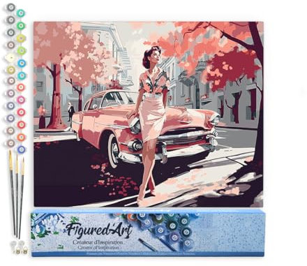 Figured'Art Peinture par Numéro Adulte Femme et voiture classique rose - Activité Manuelle Kit de Loisir Créatif DIY Numéro d'Art Complet - 40x50cm sans châssis en bois