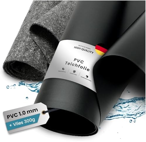 TeichVision - PVC Teichfolie - Stärke 1 mm - 8 m x 6 m und Teichvlies 300g / PVC Folie schwarz mit separatem passendem Vlies in grau