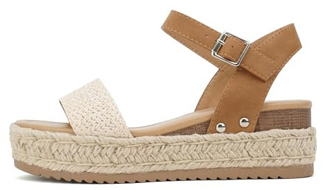Soda Clip ~ Damen Espadrille mit offenem Zehenbereich, Knöchelriemen, Plateau-Sandalen, Nude Bast/Hellbraun, 38.5 EU
