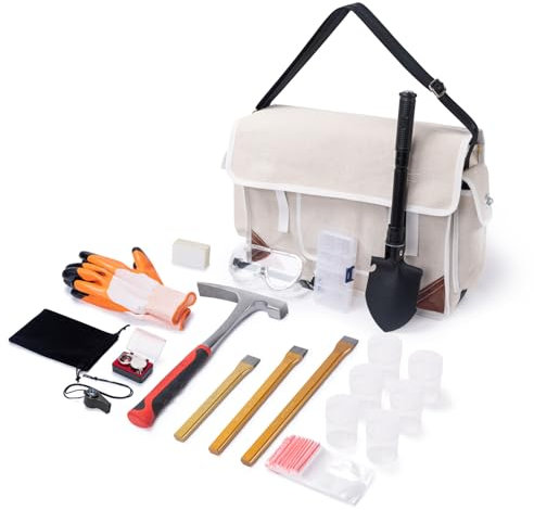 WISEPRO Kit de 20 martillos de geología para rocas, incluye bolsa de musette, martillo de geología, cinceles de excavación, pala, lupa, silbato, gafas, guantes, herramienta de equipo de minería y