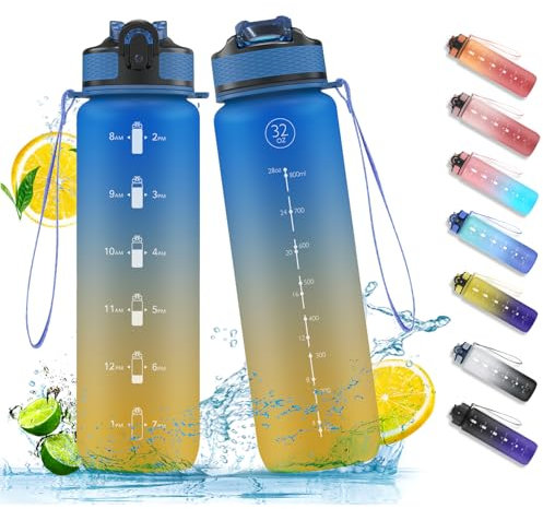 NAVTUE 1L Water Bottle with Straw, Sports Drinks Bottle with Time Markings, Leak Proof, Tritan BPA free for School/Cycling/Running (BlueYellow)
