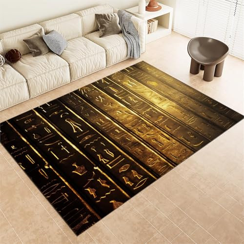 Teppich Wohnzimmer Schlafzimmer 160 X 230 cm Kurzflor Teppiche Waschbar Weich Flauschiger rutschfest Fußmatte Vintage Ägyptische Schrift, Gold