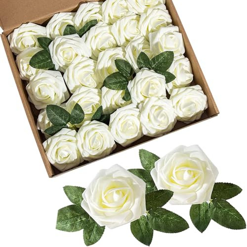 Coztie 25 rosas artificiales de espuma, rosas artificiales para manualidades, ramos de boda, decoración del hogar, color marfil