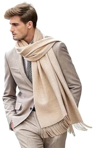 LA FERANI Herrenschal Kaschmir stilvoll beige Frühling 185x65 elegant für formelle Anlässe Kaschmirschal Pashmina Halstuch Wollschal Wolle Uni Farbe (Rein Beige)