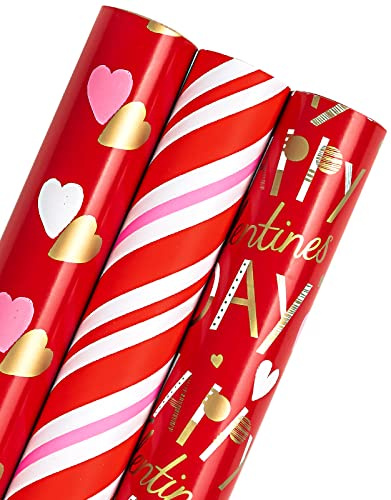 RUSPEPA Geschenkpapierrolle zum Valentinstag – Minirolle – 3 Rollen – 43,2 cm x 3,05 m pro Rolle – Rotes und rosa Herz-Design für Hochzeit, Babyparty und Geburtstag