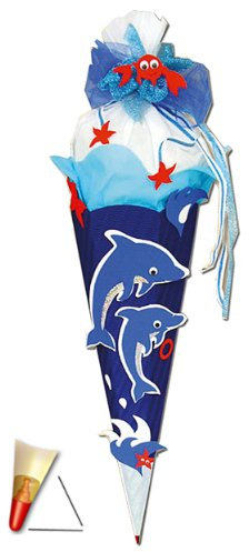 BASTELSET Schultüte - Delfin Fisch 85 cm - mit Holzspitze - Zuckertüte Roth - ALLE Größen - 6 eckig Mädchen Jungen Fische Delfine Unterwasser blau