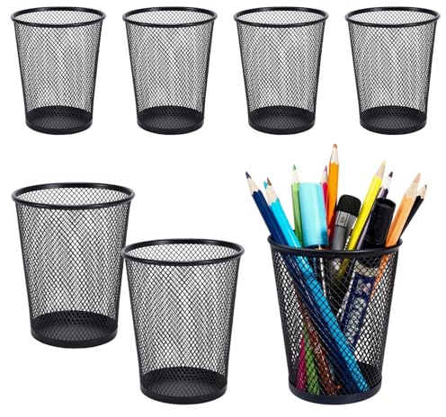 AUTUUCKEE 6 Pack Pen Holder, Mesh Desk Organizer Pen Pot Pencil Holders, Stationary Supplies Pencil Pots for Classroom, Office, Home(Black)