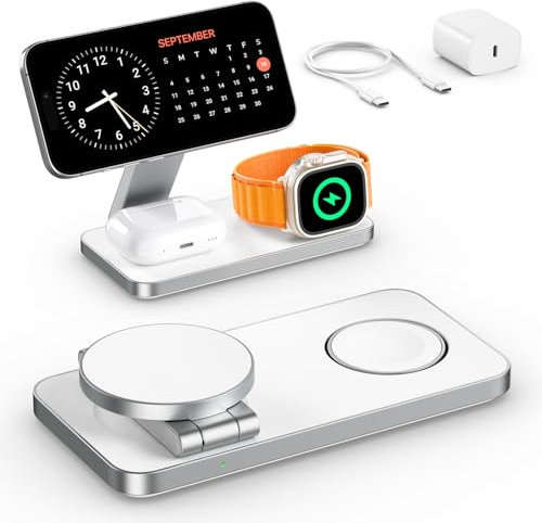EXW Cargador inalámbrico magnético 3 en 1 con MagSafe Cargador portátil Plegable para iPhone 16/15/14/13/12 AirPods Apple Watch Adaptador de Cable 20 W Color Blanco