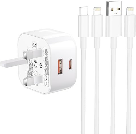 iPhone Charger Fast Charge, 20W USB C Fast Charger Plug for iPhone14/14 Pro/14 Pro Max/13/12/11/X/XS/XR/8/7/SE, iPhone Fast Charger Plug and 2x Lightning Cables UK Type C Wall Charger Power Adapter