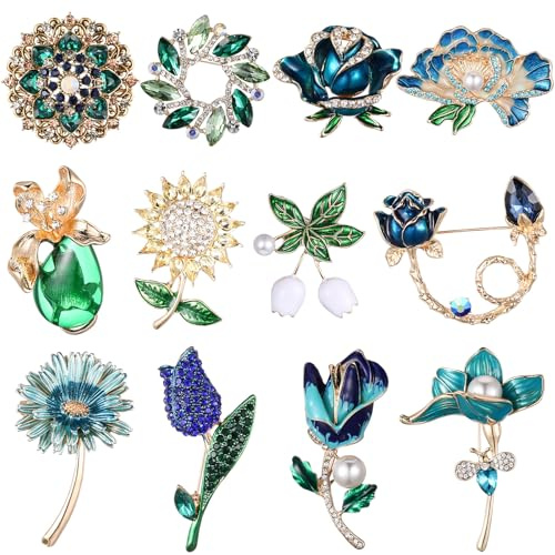 Junkin 12 Pcs Women Brooches Bulk Vintage Rhinestone Pin Set,Flower | Handmade Flower Brooches for Clothing Scarves Bags, Rose, Tulip, Sunflower, Daisy Designs, Women's Gift for Christmas Party