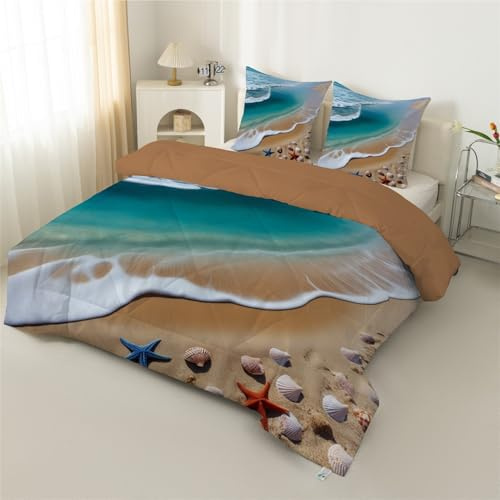 LSSLK Seestern-Motiv Bettdecke 135x200, Wende Meeresmeer Steppdecke, Weiche Schlafdecke Bettdecke ohne Bezug Waschbare, 4 Jahreszeiten Bettdecken, Ganzjahresdecke mit 2 Kissenbezug