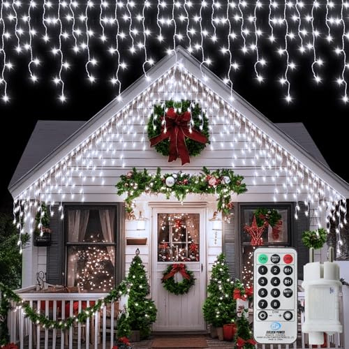 CCILAND 14M Eisregen Lichterkette Außen Lichterkette Weihnachten Eisregen | Fernbedienung Timer, Wasserdicht 8 Modi 360 LED Weihnachtslichterkette für Haus Balkon Veranden Party-Weiß