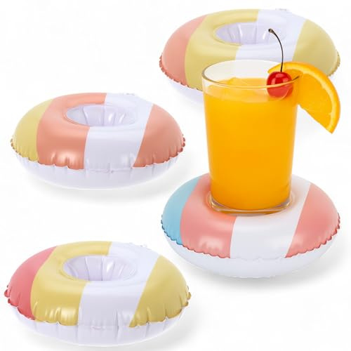 MIJOMA Aufblasbare Getränkehalter 4er Set – Schwimmende Becherhalter im Schwimmreifen-Design – Für Pool, Strand, Badewanne & Garten – Ø 22 cm – Sommer Party Zubehör