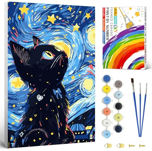 MAIAOWEI Malen nach Zahlen Katze mit Rahmen,DIY Malen nach Zahlen Erwachsene Klein knitterfreie Leinwand 20x30 cm mit 3 Pinsel und Acrylfarbe,Als Geschenk und Wohnkultur(Geschenkbox)