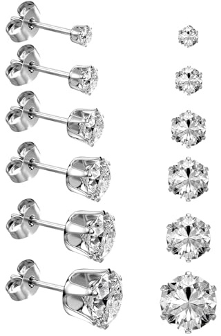 6 Pairs Stainless Steel Stud Earrings Set, 3-8mm Silver 316L Hypoallergenic Cubic Zirconia CZ Earring Jewelry Gift for Women Men