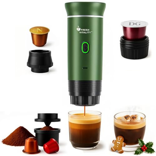 FRESH VITALITY 3-in-1 Portable Espresso Maker – Compact Coffee Machine for Travel | Compatible with Ground Coffee, Large & Small Capsules | Self-Heating, USB-C, Camping, Office & Home (Alpine Green)