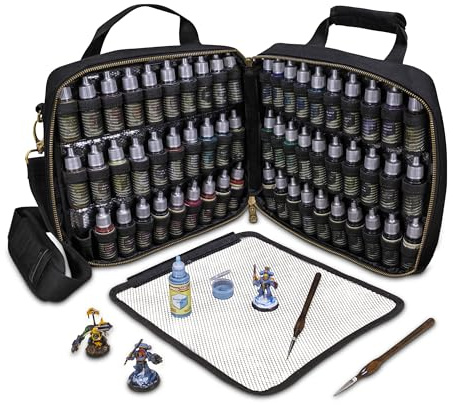 ENHANCE Miniature Paint Carrying Case - Painting Case with Slots for 60 Bottles, 16 Brushes - Paint Organizer Case with Gallery Display for Color Palettes, Comfortable Shoulder Strap, Cleanable Pad