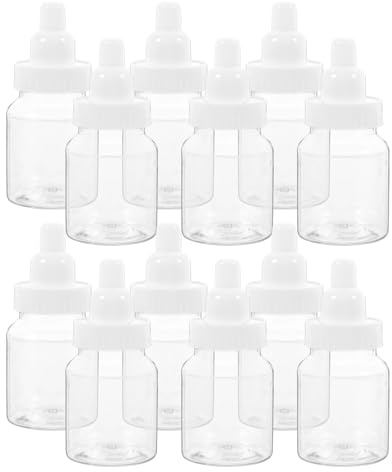 DECOMELODY 12 Stück Kleine Babyflaschen Süßigkeitenbox aus Robustem Kunststoff mit Weißem Deckel Transparente Bonbonbehälter für Babyparty Gastgeschenke und Geburtstagsfeiern