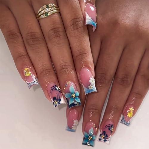 Dermalyx 24 Stück Y2K Chic Press On Nails, Süße Blaue Blumen French Gradient Nägel Zum Aufkleben, Seestern Muschel Dekor Künstliche Nägel, Mittelgroße Falsche Nails