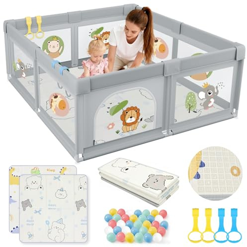 SPYLAVE Laufstall Baby 150x150 mit Matratze, Großes Laufgitter Baby mit Saugnapfbasis, Atmungsaktivem Netz und 210D Oxford Gewebe, Stabiler & Sicherer Babyspielplatz, Schutzgitter für Kinder, Löwe