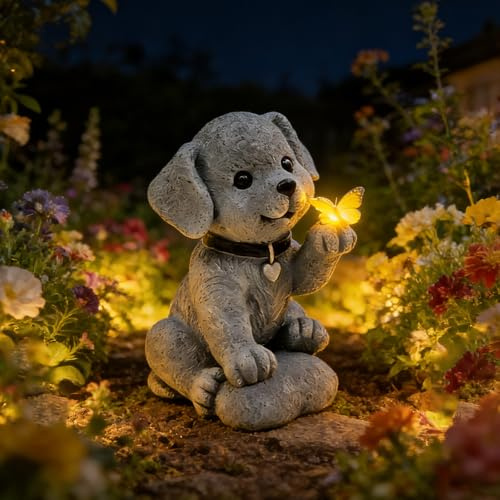 SGZIOO Hund Solar Gartendeko für Draußen, Gartendeko für Draußen Wetterfest, Hund Figuren mit Schmetterling Solar Deko, Hund Solar Deko für Draußen Balkon Terrassen
